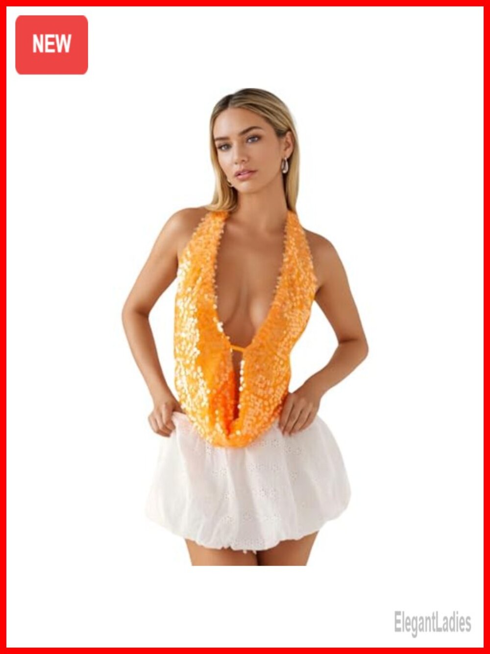 Sequin Halter Open Back Cowl Neck Cami Crop Top